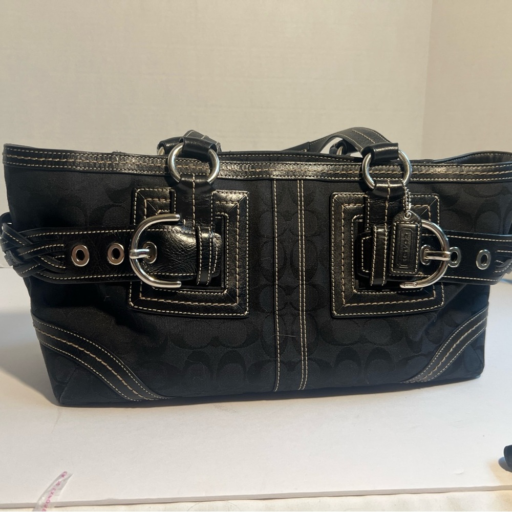 COACH #05089 Soho Black Signature Jacquard Satchel Tote w Leather Trim - Nice!